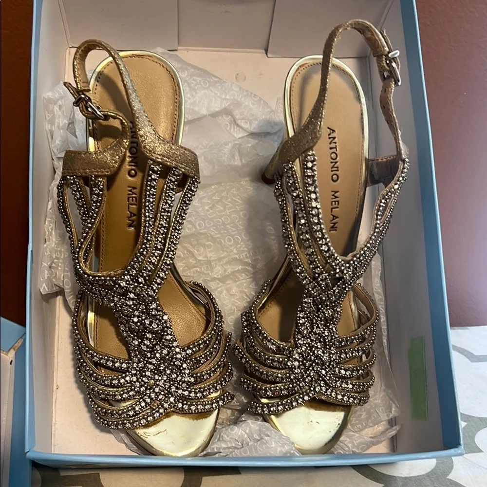 Antonio Melani Gold Stiletto Heels with Strappy Design - Picture 5 of 5